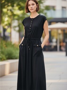 Women’s Navy  Drawstring Pocket Maxi Dress